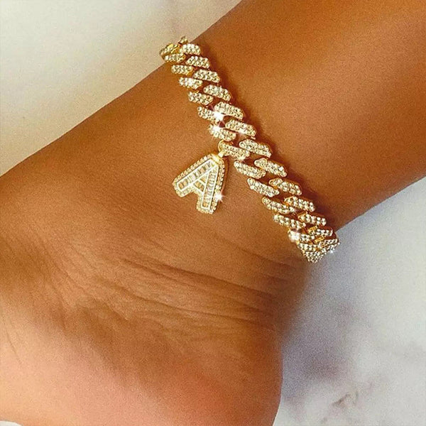 Women’s Cuban Link Chain Anklets With A-Z Initial - ICEKNG