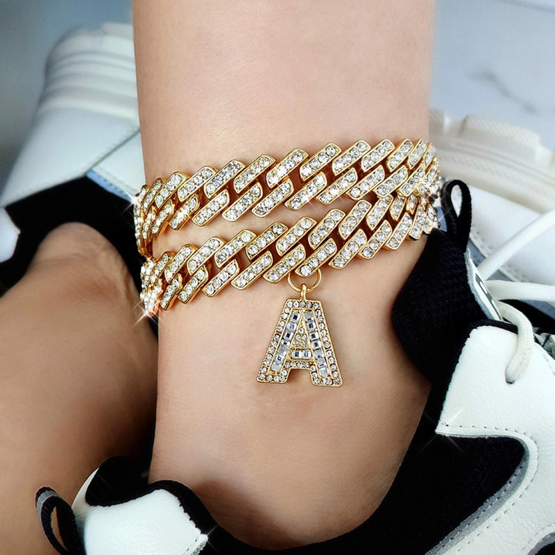 Women’s Cuban Link Chain Anklets With A-Z Initial - ICEKNG